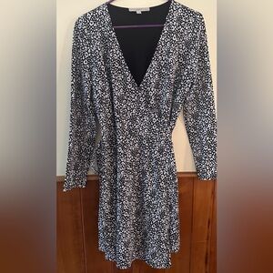 LOFT black and white print, long sleeve, wrap around dress, size 12P.